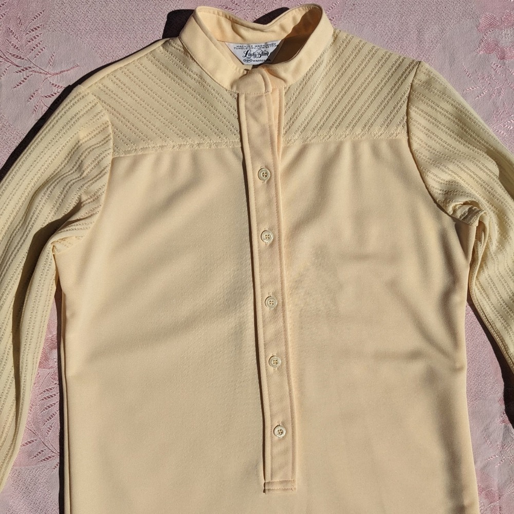 Vintage 70s Mod Shirt Dress M/L Yellow Midi Pointelle Lace Sleeve Shift Mandarin - Picture 2 of 14